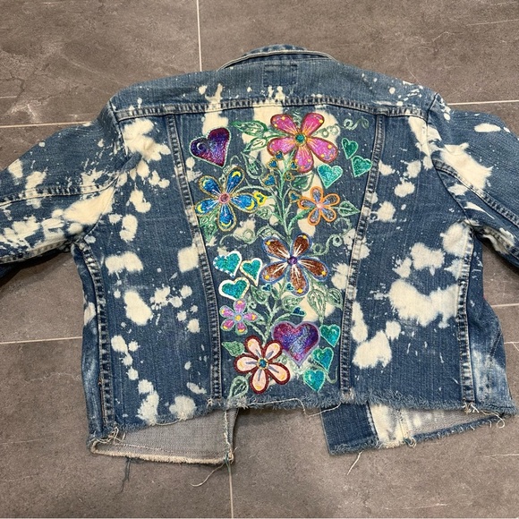 Wrangler denim jacket reworked painted bleached western cropped cut off jean - Picture 10 of 13